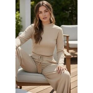Quiet Luxury ROOLEE Ribbed Mock Neck Long Sleeve Top Wide leg Pants Set XXS